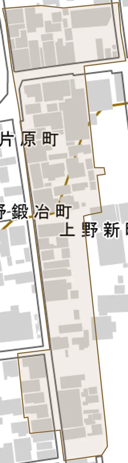 上野新町とその周辺の地図。町の範囲を重ねている