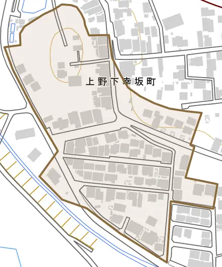 上野下幸坂町とその周辺の地図。町の範囲を重ねている
