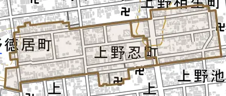 上野忍町とその周辺の地図。町の範囲を重ねている