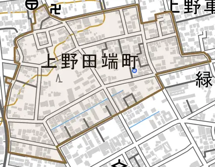 上野田端町とその周辺の地図。町の範囲を重ねている