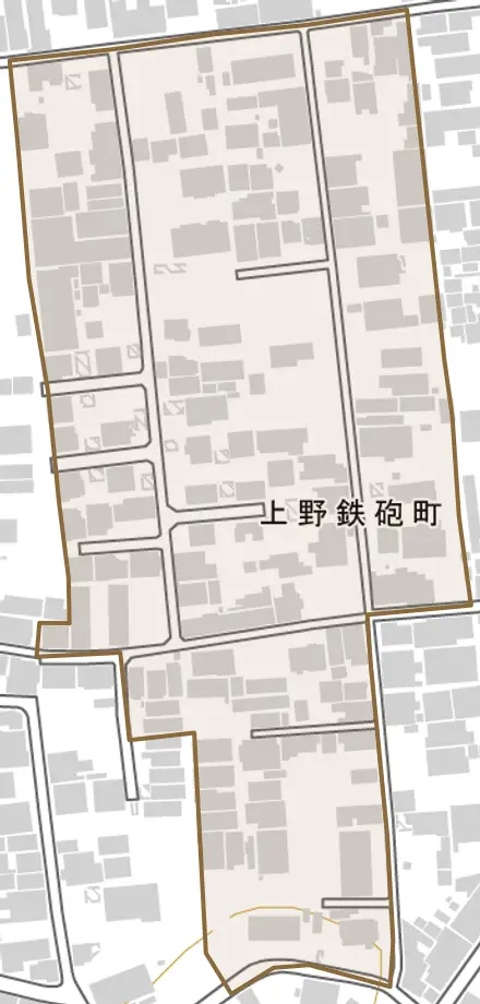 上野鉄砲町とその周辺の地図。町の範囲を重ねている