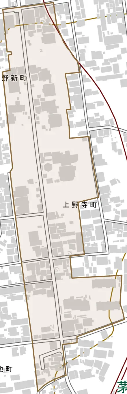 上野寺町とその周辺の地図。町の範囲を重ねている