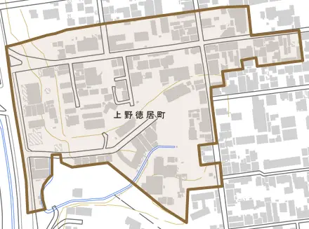 上野徳居町とその周辺の地図。町の範囲を重ねている
