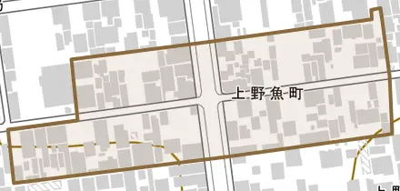 上野魚町とその周辺の地図。町の範囲を重ねている