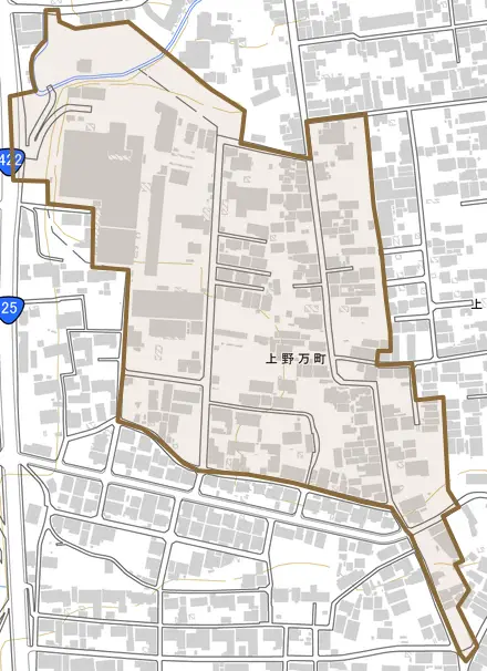 上野万町とその周辺の地図。町の範囲を重ねている