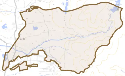 山畑とその周辺の地図。町の範囲を重ねている