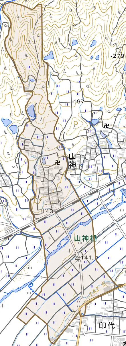 山神とその周辺の地図。町の範囲を重ねている