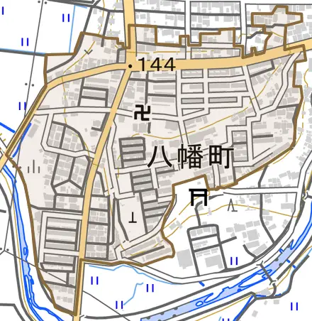 八幡町とその周辺の地図。町の範囲を重ねている