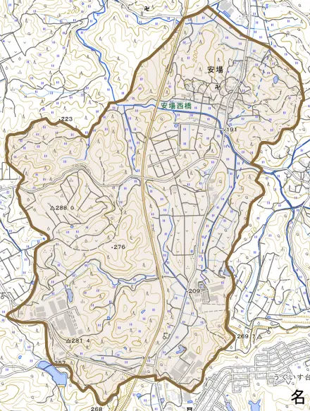 安場とその周辺の地図。町の範囲を重ねている