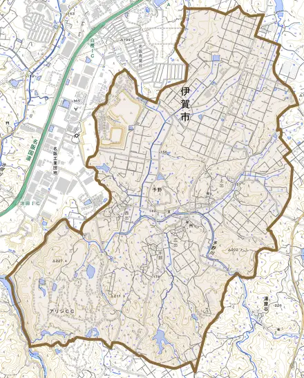 予野とその周辺の地図。町の範囲を重ねている