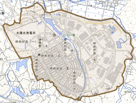 ゆめが丘とその周辺の地図。町の範囲を重ねている