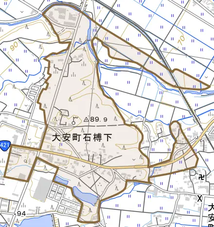 大安町石榑下とその周辺の地図。町の範囲を重ねている