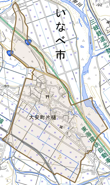 大安町片樋とその周辺の地図。町の範囲を重ねている