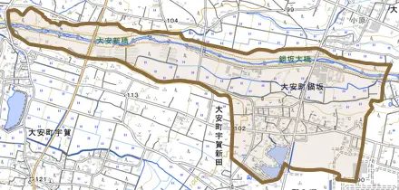 大安町鍋坂とその周辺の地図。町の範囲を重ねている