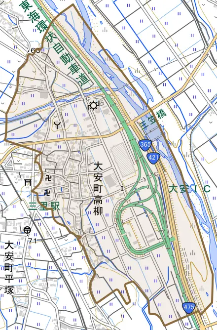 大安町高柳とその周辺の地図。町の範囲を重ねている