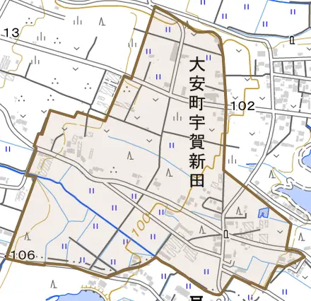 大安町宇賀新田とその周辺の地図。町の範囲を重ねている