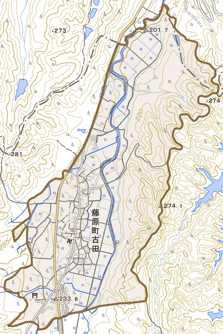 藤原町古田とその周辺の地図。町の範囲を重ねている