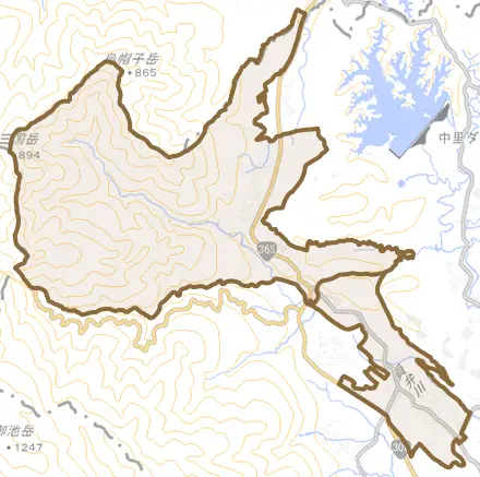 藤原町本郷とその周辺の地図。町の範囲を重ねている