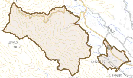 藤原町大貝戸とその周辺の地図。町の範囲を重ねている