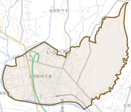 北勢町阿下喜とその周辺の地図。町の範囲を重ねている