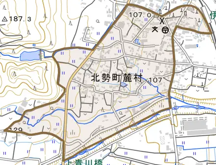 北勢町麓村とその周辺の地図。町の範囲を重ねている