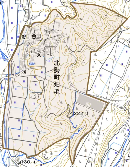 北勢町畑毛とその周辺の地図。町の範囲を重ねている