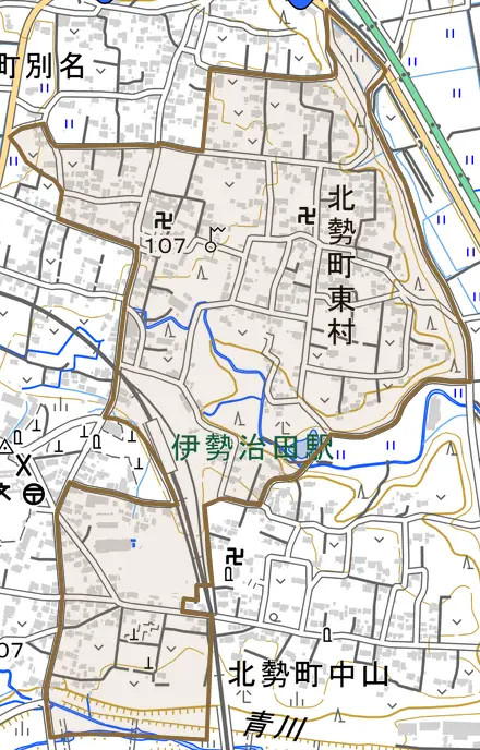 北勢町東村とその周辺の地図。町の範囲を重ねている