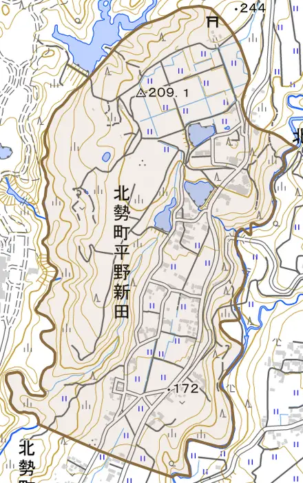 北勢町平野新田とその周辺の地図。町の範囲を重ねている