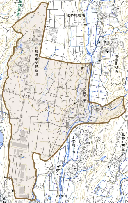 北勢町向平とその周辺の地図。町の範囲を重ねている