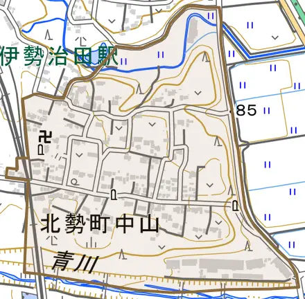 北勢町中山とその周辺の地図。町の範囲を重ねている