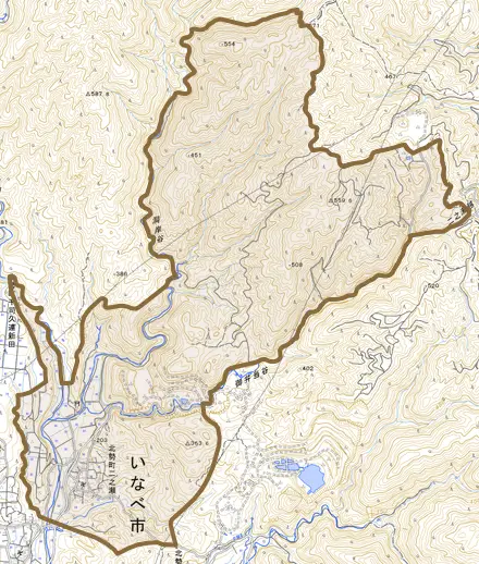 北勢町二之瀬とその周辺の地図。町の範囲を重ねている