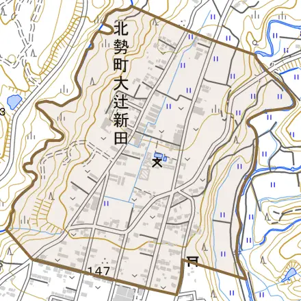 北勢町大辻新田とその周辺の地図。町の範囲を重ねている