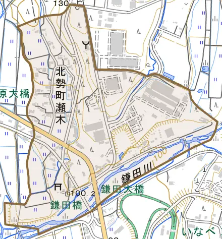 北勢町瀬木とその周辺の地図。町の範囲を重ねている