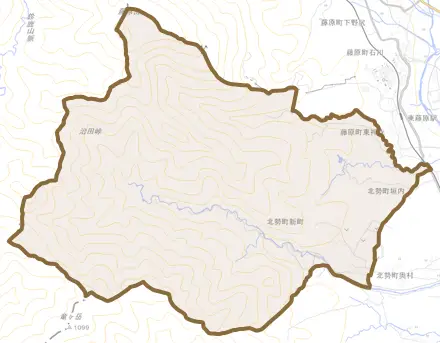 北勢町新町とその周辺の地図。町の範囲を重ねている