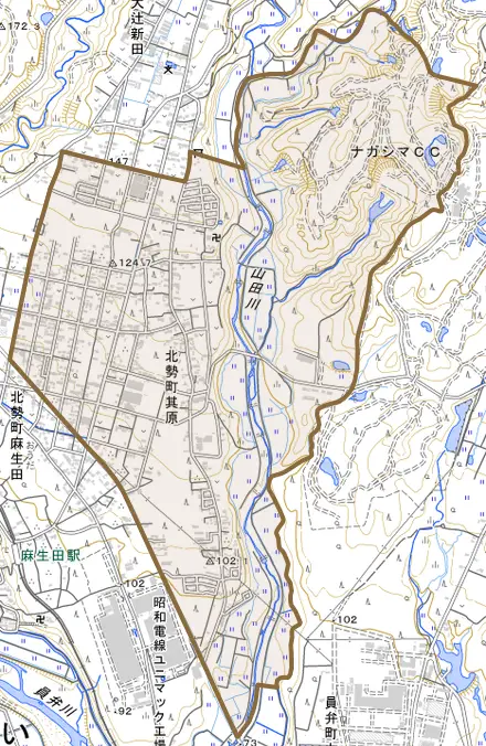 北勢町其原とその周辺の地図。町の範囲を重ねている