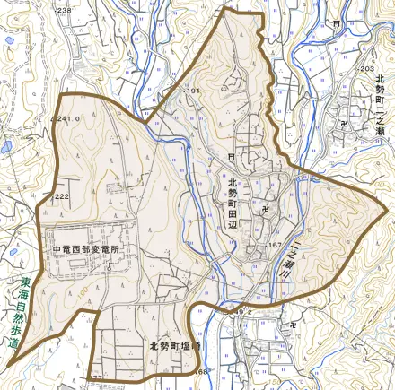 北勢町田辺とその周辺の地図。町の範囲を重ねている
