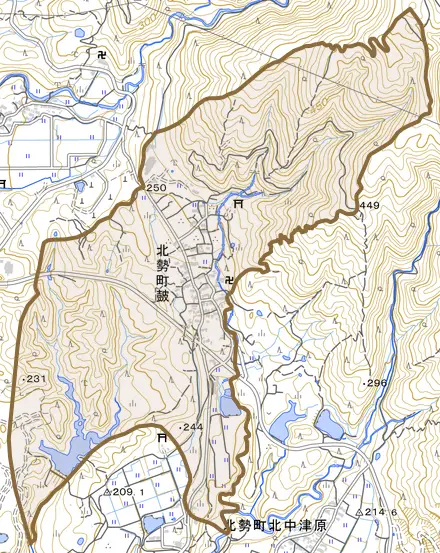 北勢町皷とその周辺の地図。町の範囲を重ねている