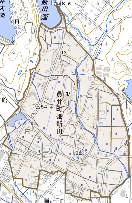 員弁町畑新田とその周辺の地図。町の範囲を重ねている