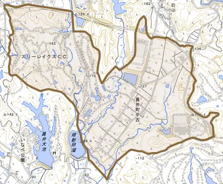 員弁町平古とその周辺の地図。町の範囲を重ねている