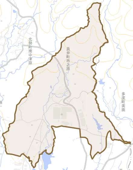 員弁町市之原とその周辺の地図。町の範囲を重ねている