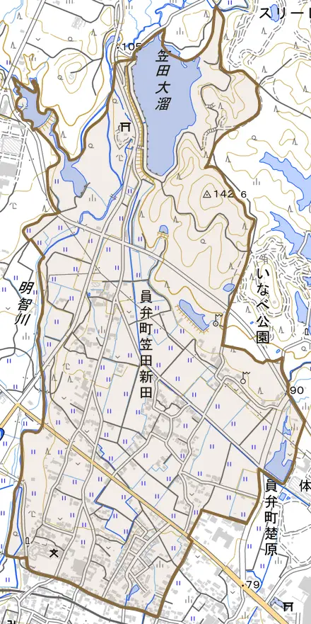 員弁町笠田新田とその周辺の地図。町の範囲を重ねている