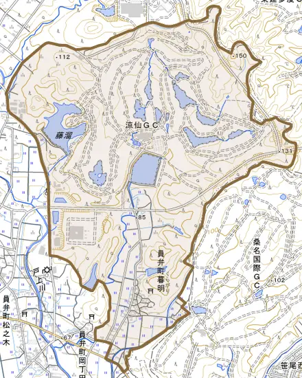 員弁町暮明とその周辺の地図。町の範囲を重ねている