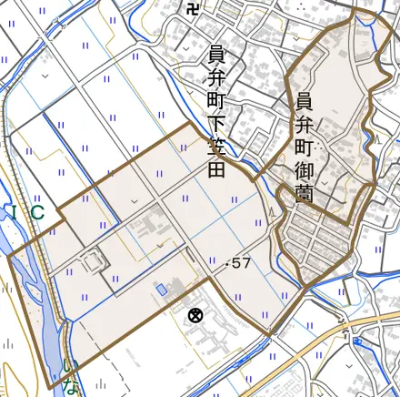 員弁町御薗とその周辺の地図。町の範囲を重ねている