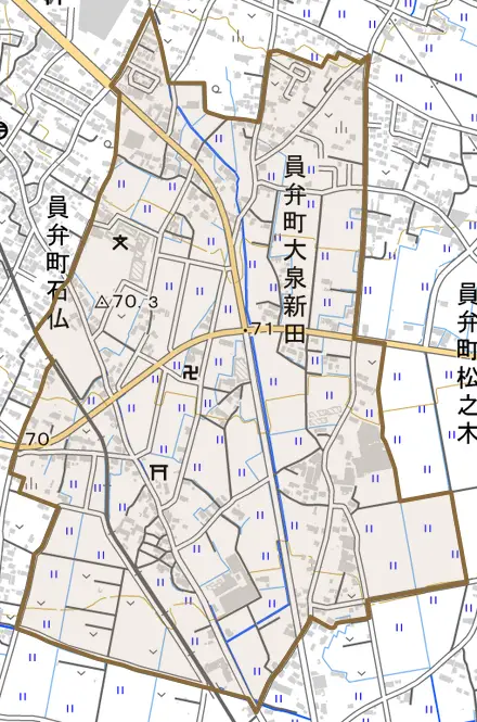 員弁町大泉新田とその周辺の地図。町の範囲を重ねている