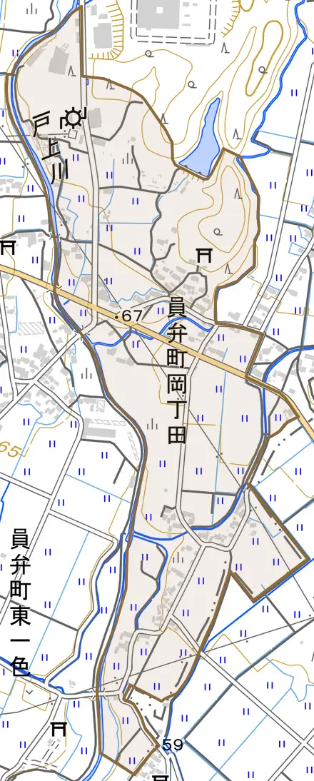 員弁町岡丁田とその周辺の地図。町の範囲を重ねている