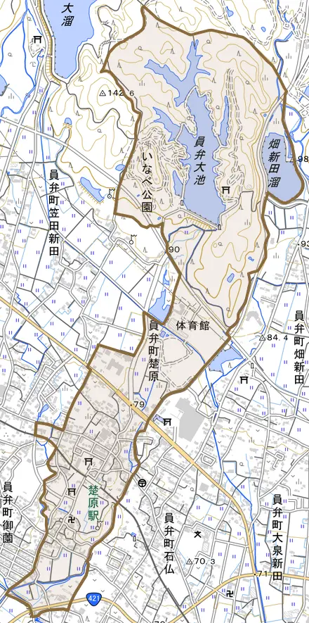 員弁町楚原とその周辺の地図。町の範囲を重ねている