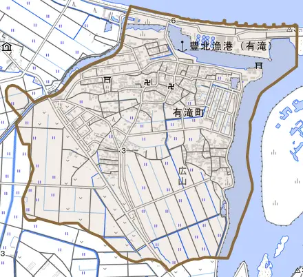 有滝町とその周辺の地図。町の範囲を重ねている