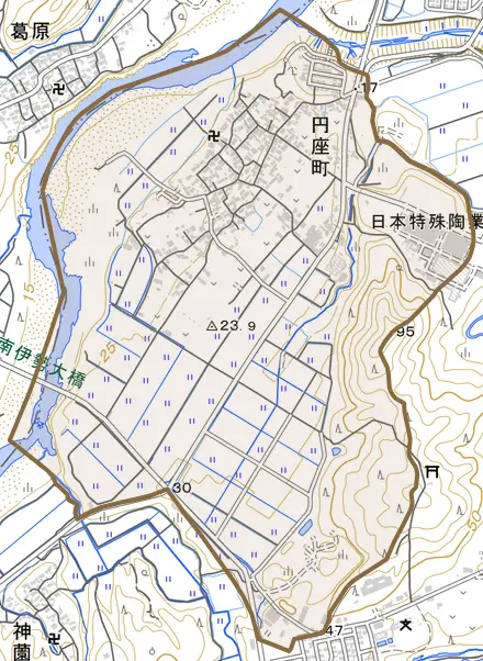 円座町とその周辺の地図。町の範囲を重ねている