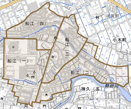 船江とその周辺の地図。町の範囲を重ねている