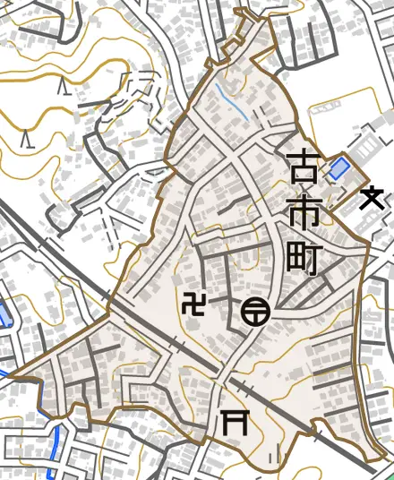 古市町とその周辺の地図。町の範囲を重ねている